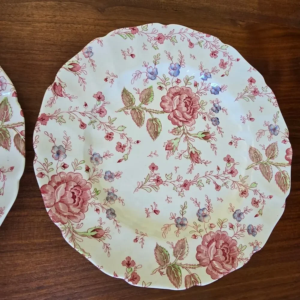 Vintage Johnson Brothers Rose Chintz Ironstone 2 Dinner Plates Cottagecore 1930s